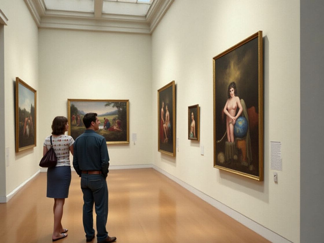 couple looking at paintings in a gallery